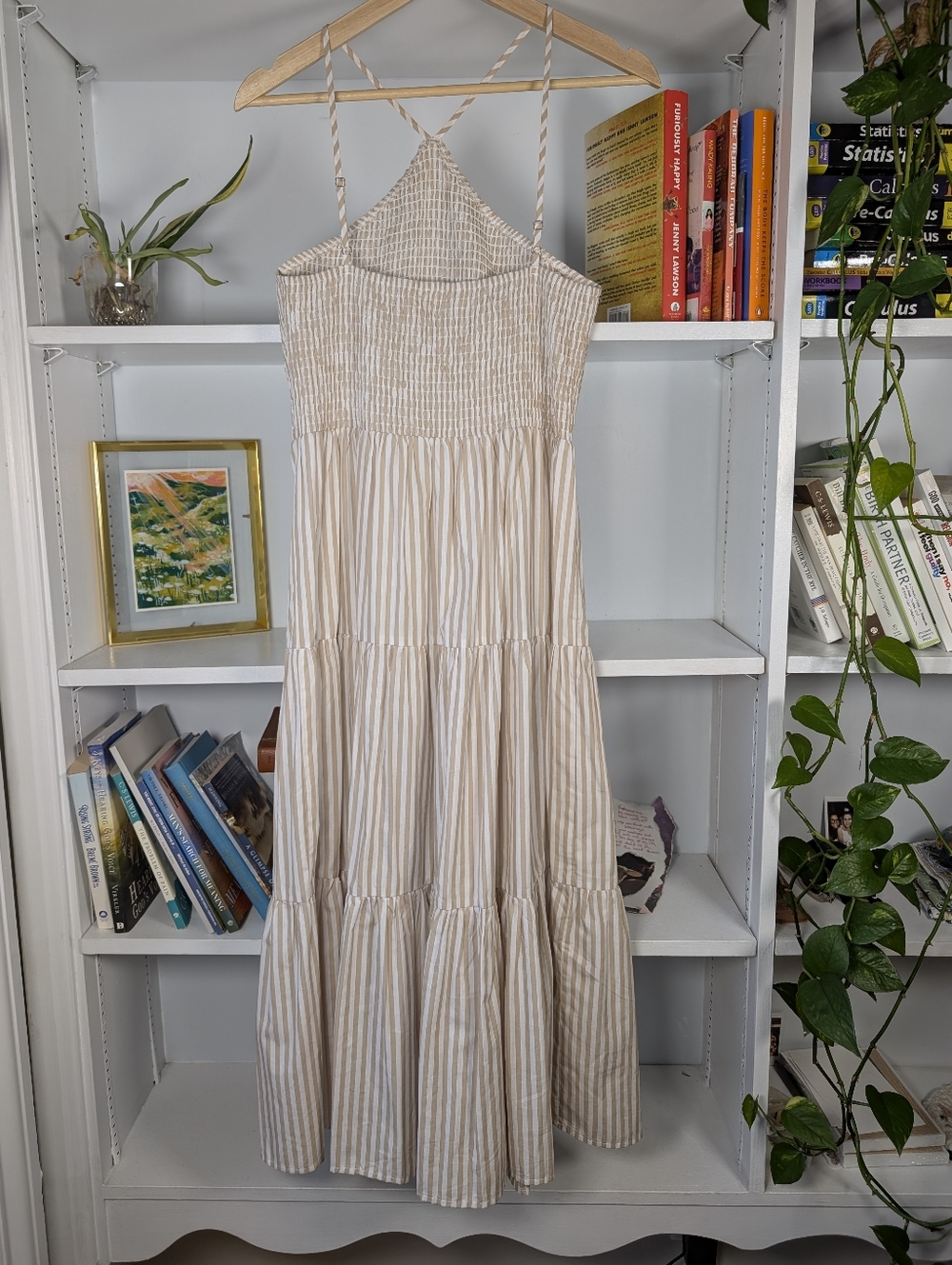 Halter Midi Dress Cream and Tan Striped Size Tiered Skirt Medium Sundress Beachy - Picture 4 of 7
